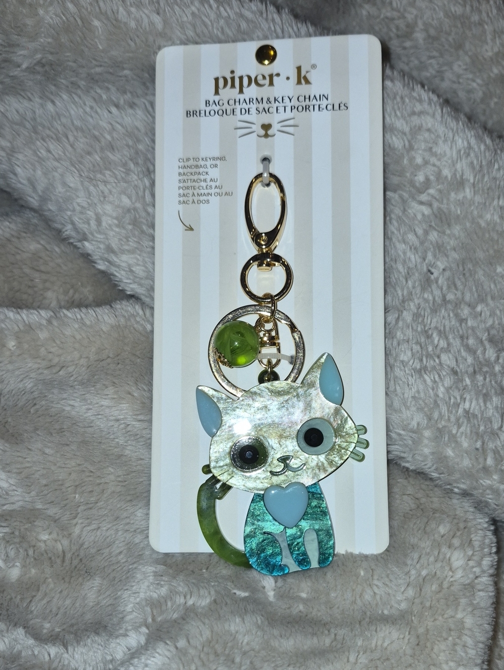 Piper•k Teal & Green Cat Keychain with Gold Hardware